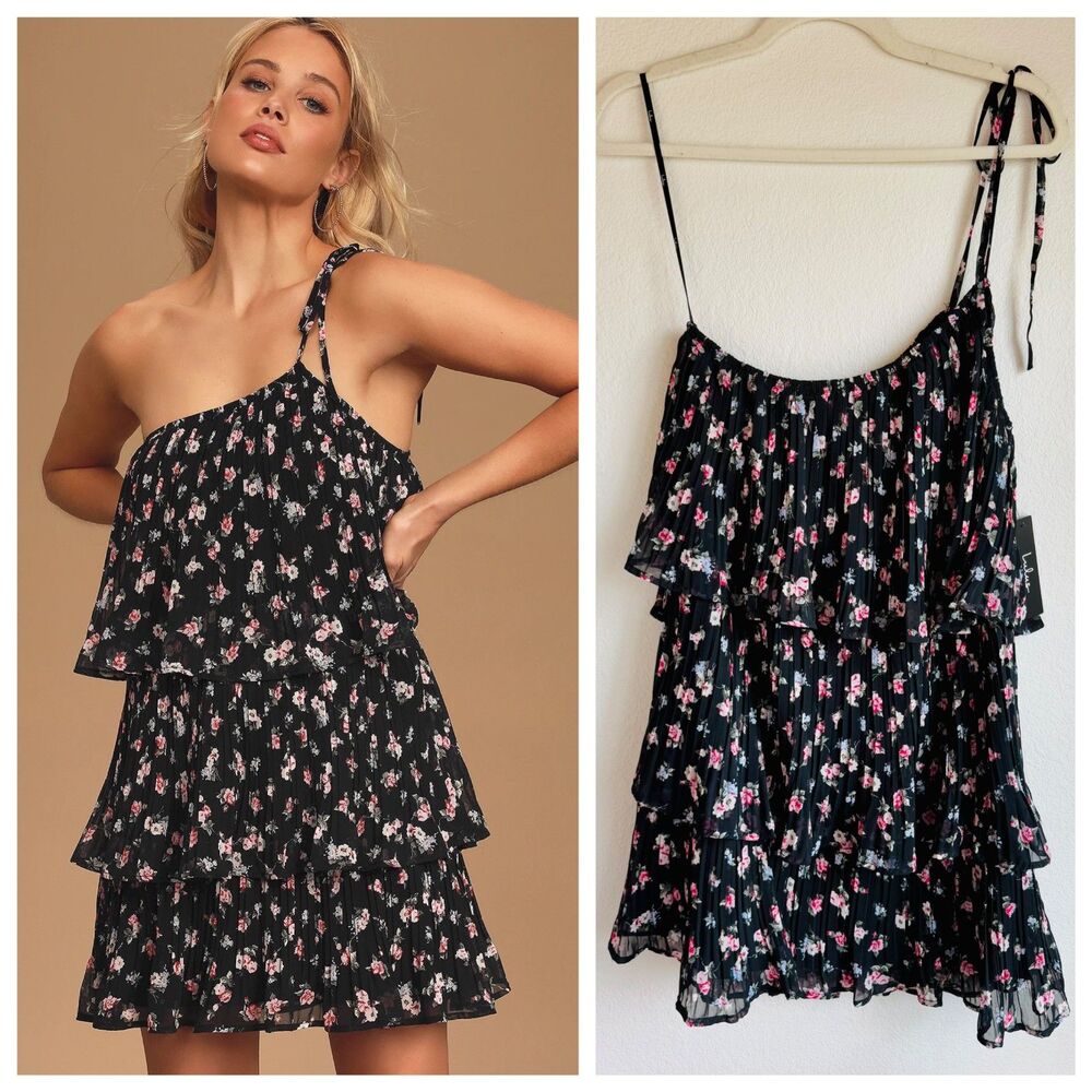 NWT Lulus Blowing Kisses Black Floral Pleated One-Shoulder Tie Strap Mini Dress